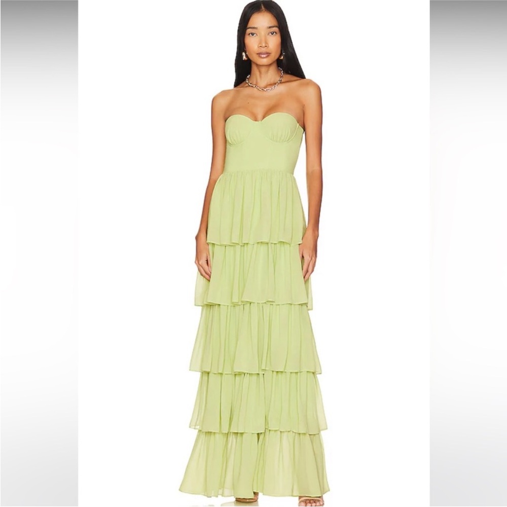 Lovers + Friends Lime Strapless Tiered Ruffle Maxi Dress